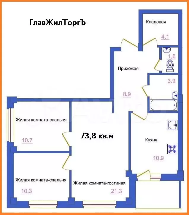 3-к. квартира, 73,8 м, 4/8 эт. - Фото 0