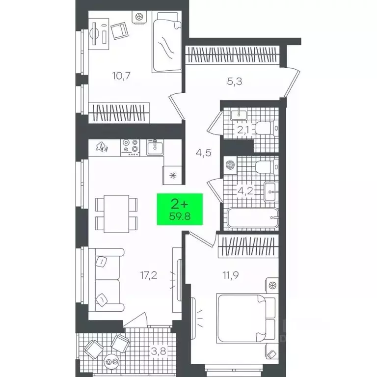 2-к кв. Тюменская область, Тюмень ул. Василия Малкова, 19 (59.88 м) - Фото 0