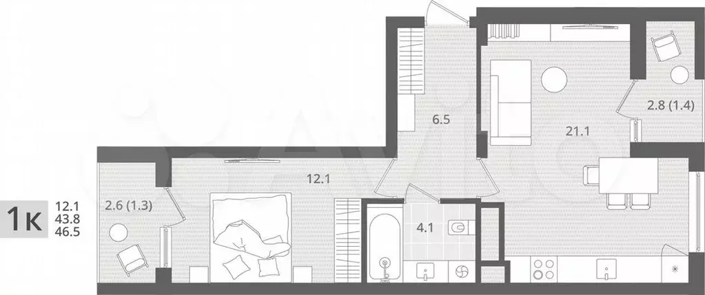 1-к. квартира, 46,5м, 6/7эт. - Фото 1