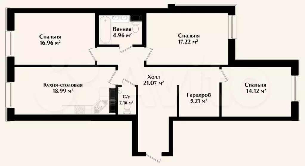 3-к. квартира, 102,1 м, 6/9 эт. - Фото 0