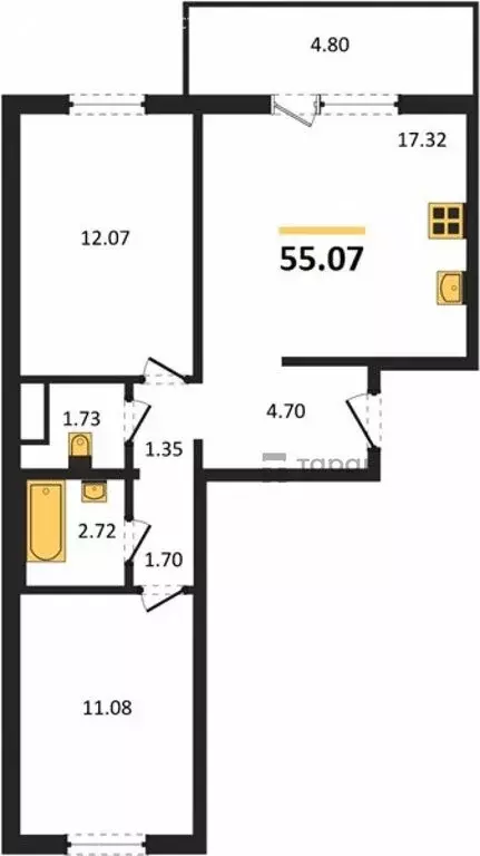2-комнатная квартира: посёлок Западный, улица Дружбы (55.07 м) - Фото 1