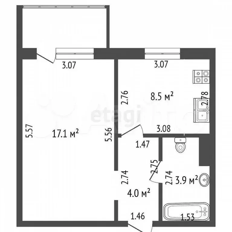 1-к. квартира, 33,5 м, 3/10 эт. - Фото 1