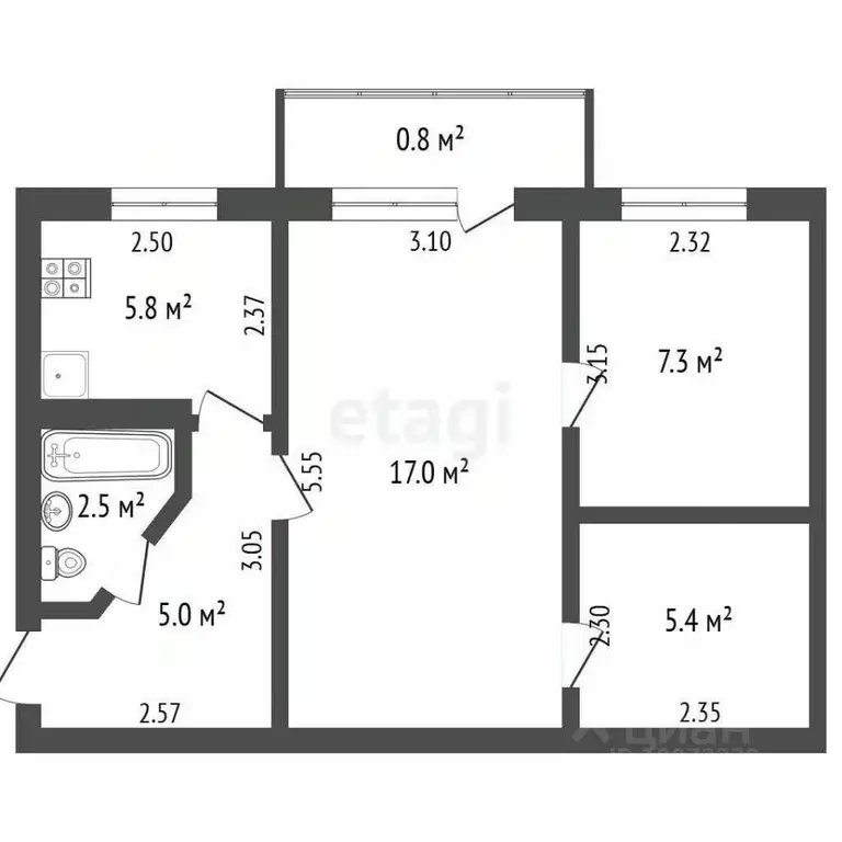 2-к кв. Башкортостан, Стерлитамак ул. Худайбердина, 174 (43.8 м) - Фото 1