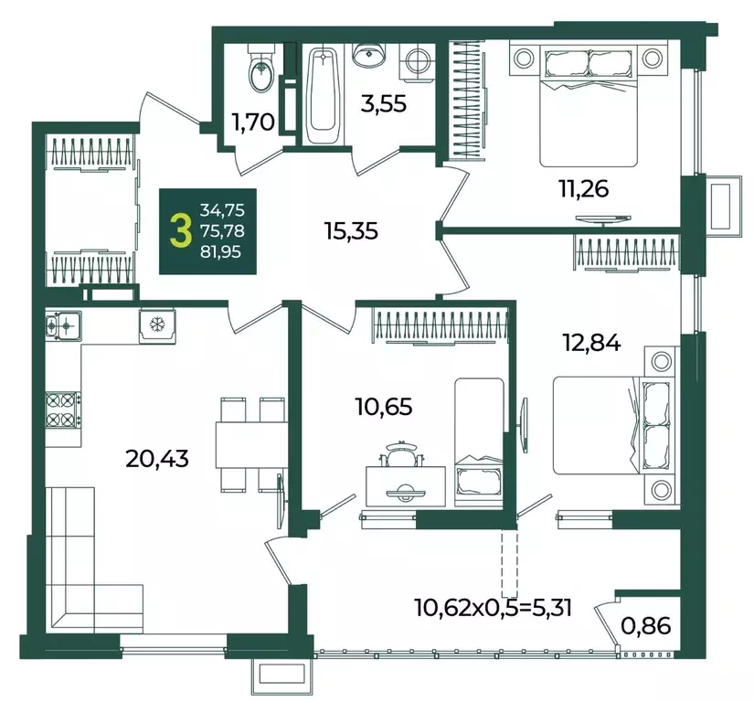 3-к кв. Краснодарский край, Краснодар Образцово мкр,  (81.95 м) - Фото 1