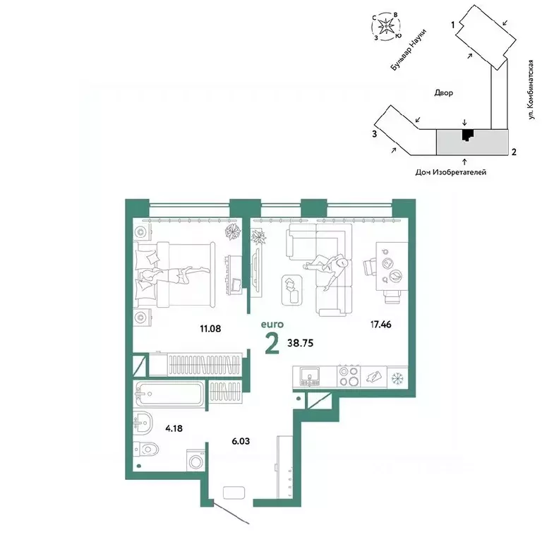 2-к кв. Тюменская область, Тюмень Комбинатская ул., 16к1 (38.75 м) - Фото 0