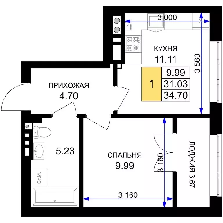 1-комнатная квартира: Гурьевск, жилой комплекс Включи (34.7 м) - Фото 0