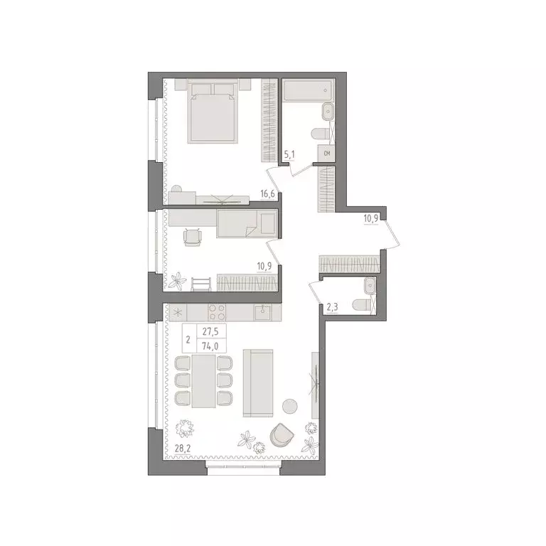 2-комнатная квартира: Уфа, 563-й квартал (74 м) - Фото 1