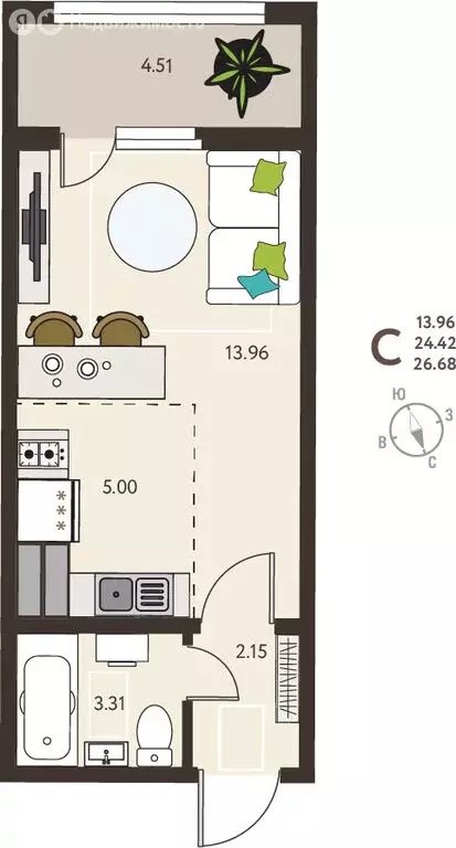 Квартира-студия: Курск, микрорайон Курского Завода Тракторных ... - Фото 1