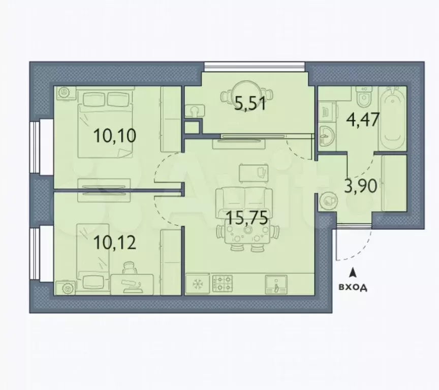 2-к. квартира, 49,9 м, 3/8 эт. - Фото 1