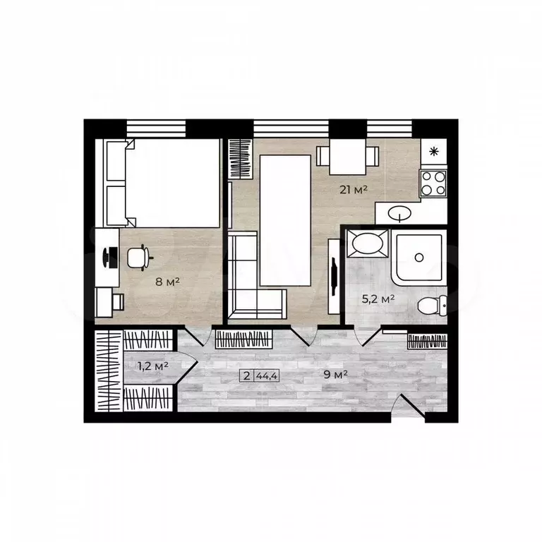2-к. квартира, 44,4 м, 1/5 эт. - Фото 0