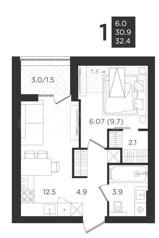 1-к. квартира, 30,9 м, 4/4 эт. - Фото 1