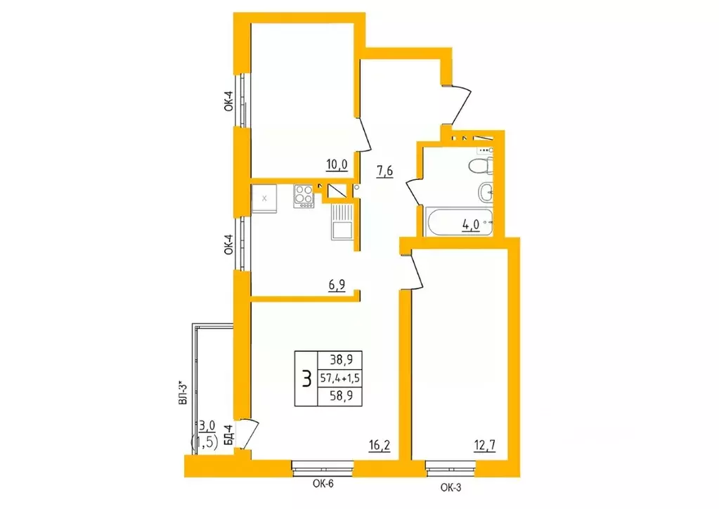 3-к кв. Башкортостан, Уфа Инорс-4Б мкр, Акварель жилой комплекс (58.7 ... - Фото 1