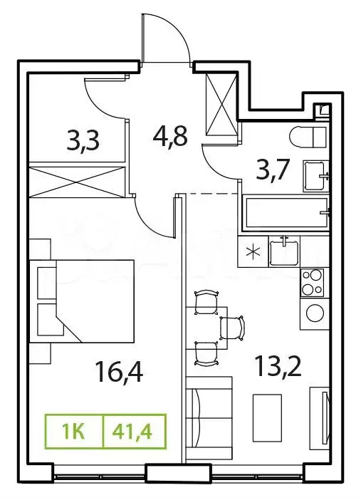 1-к. квартира, 41,4м, 17/18эт. - Фото 1