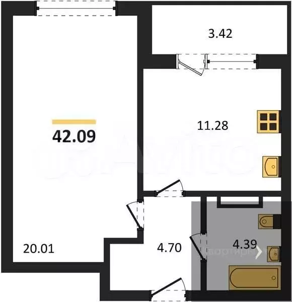 1-к. квартира, 42,1 м, 4/25 эт. - Фото 0