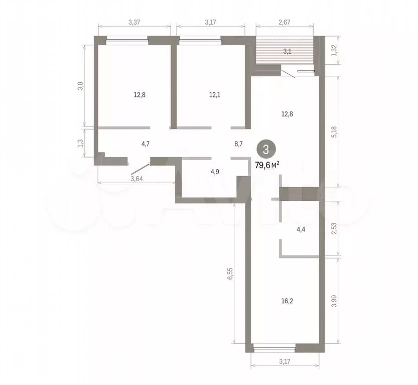 3-к. квартира, 79,6 м, 4/8 эт. - Фото 1