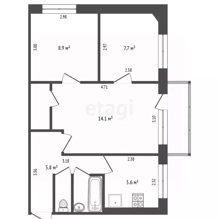 3-к кв. Архангельская область, Архангельск Ленинградский просп., 265 ... - Фото 2