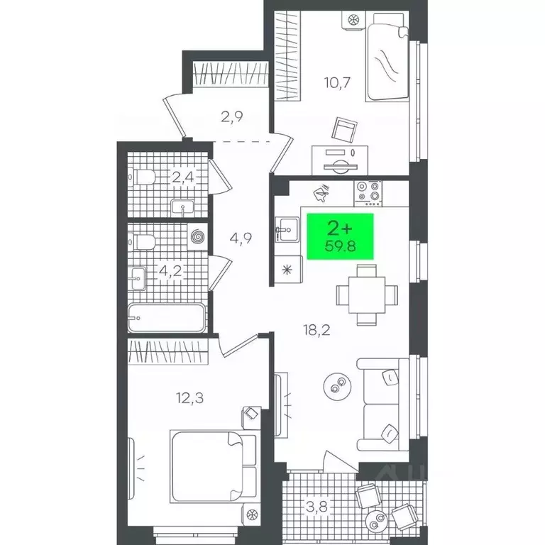 2-к кв. Тюменская область, Тюмень ул. Василия Малкова, 15 (59.8 м) - Фото 0