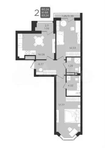 2-к. квартира, 61,8 м, 2/9 эт. - Фото 1