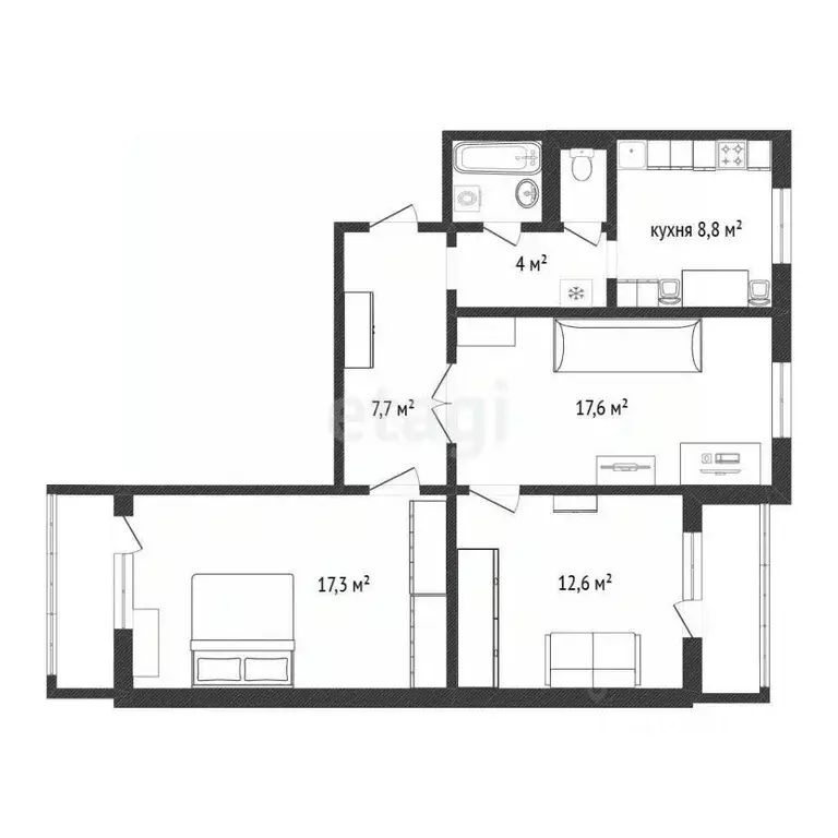 3-к кв. Белгородская область, Белгород ул. Щорса, 62 (71.0 м) - Фото 2
