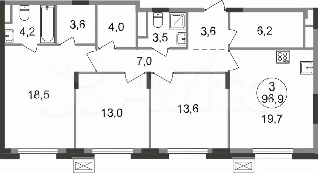 3-к. квартира, 96,9 м, 9/9 эт. - Фото 0