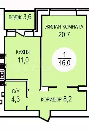 1-к. квартира, 46 м, 4/4 эт. - Фото 0