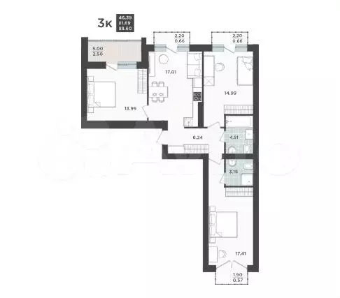 3-к. квартира, 88,6 м, 9/9 эт. - Фото 1