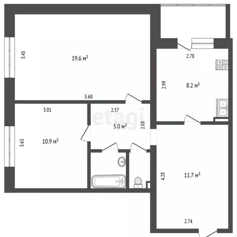 2-к кв. Тюменская область, Тюмень ул. Республики, 258 (59.6 м) - Фото 2