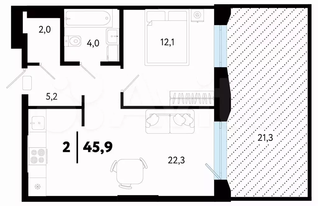 2-к. квартира, 45,9 м, 1/5 эт. - Фото 0