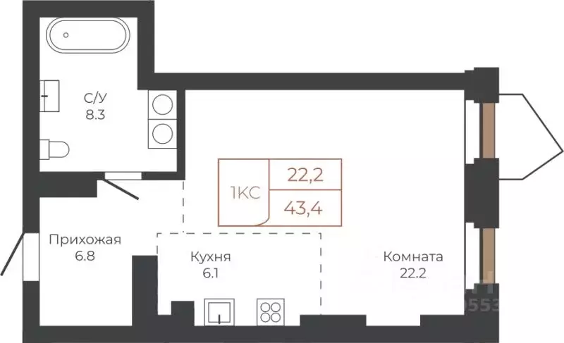 1-к кв. Алтайский край, Барнаул пл. Баварина, 8к1 (43.0 м) - Фото 1