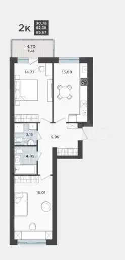 2-к. квартира, 62,4 м, 1/9 эт. - Фото 1