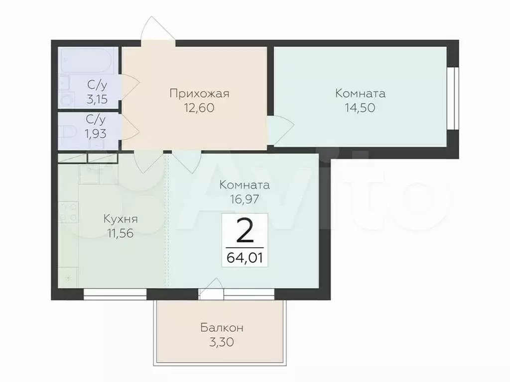 2-к. квартира, 64 м, 5/8 эт. - Фото 0