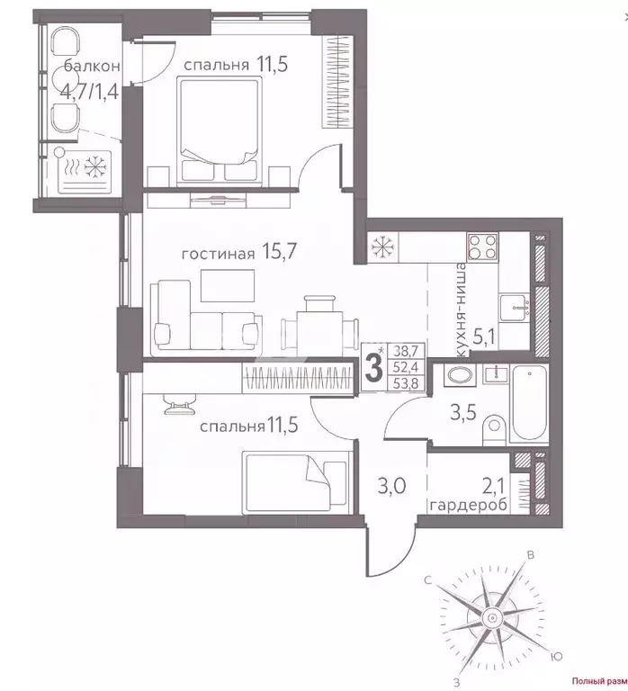 3-к кв. Пермский край, Пермь ул. Серебристая, 3А (53.8 м) - Фото 2