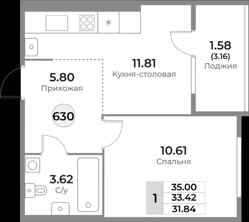 1-к кв. Калининградская область, Калининград Пригородная ул. (33.42 м) - Фото 1