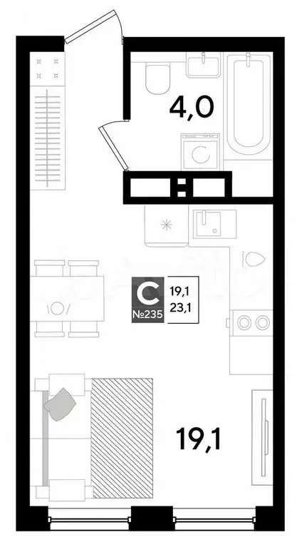 Квартира-студия, 23,1 м, 13/16 эт. - Фото 0