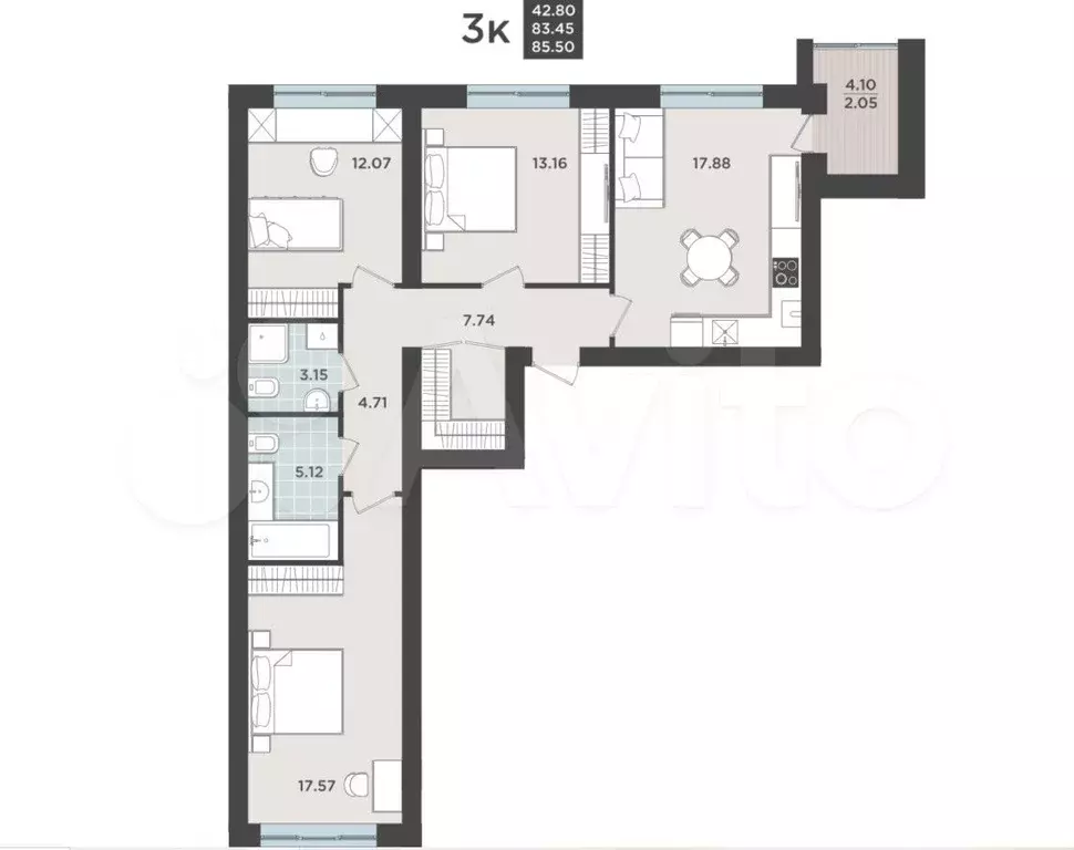 3-к. квартира, 83,6 м, 2/9 эт. - Фото 1
