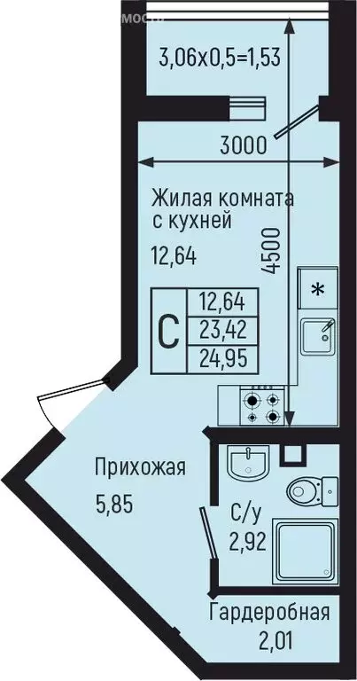 Квартира-студия: село Небуг, квартал Спортивный (24.95 м) - Фото 0