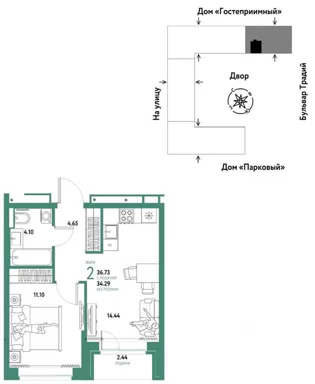 2-к кв. Тюменская область, Тюмень ул. Новоселов, 100 (36.73 м) - Фото 1