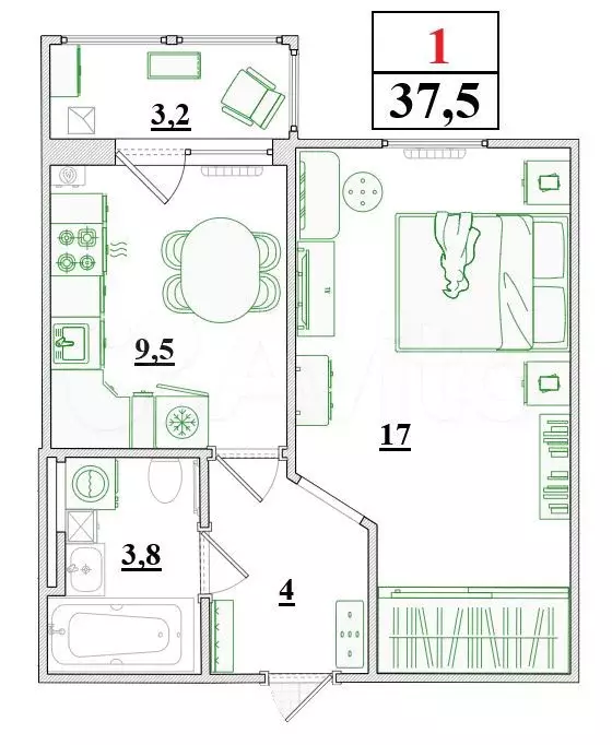 1-к. квартира, 37,5 м, 7/8 эт. - Фото 0