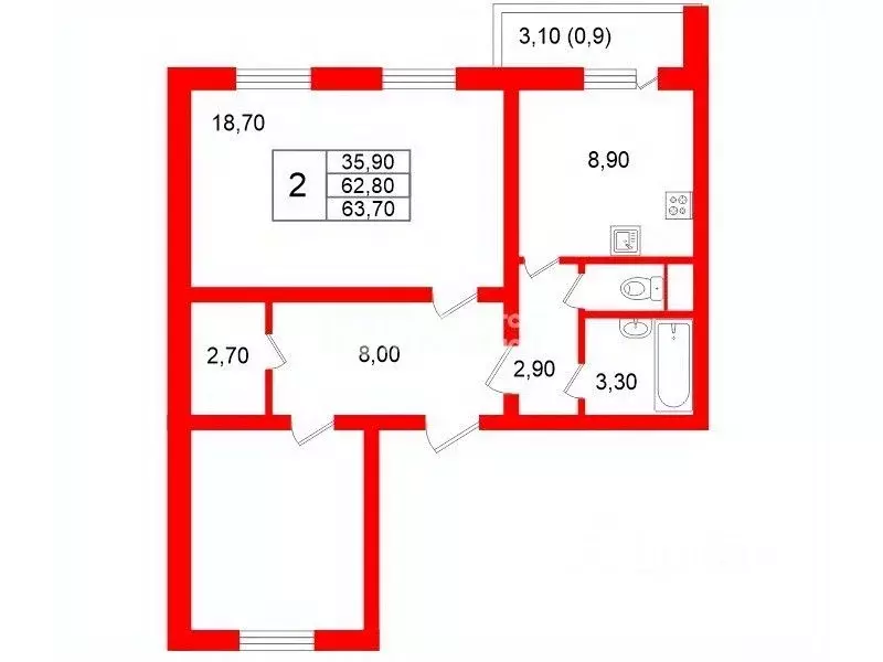 2-к кв. Санкт-Петербург дор. Муринская, 84 (62.8 м) - Фото 2