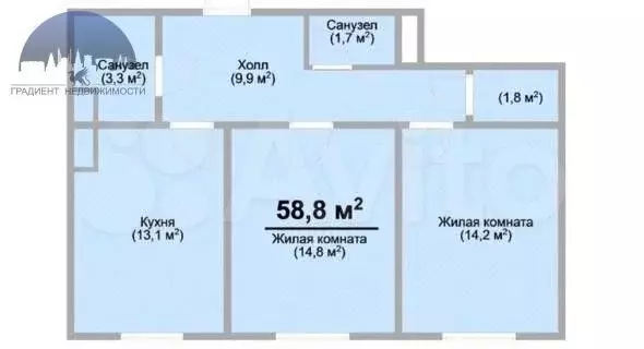 2-к. квартира, 58,8 м, 3/3 эт. - Фото 0