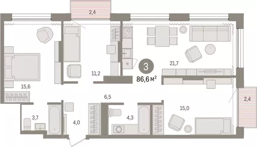 3-комнатная квартира: Тюмень, Краснооктябрьская улица, 4к3 (86.63 м) - Фото 1