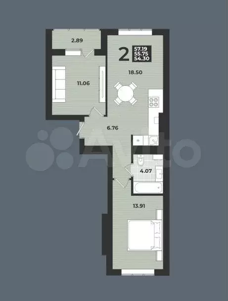 2-к. квартира, 57,2 м, 4/9 эт. - Фото 1