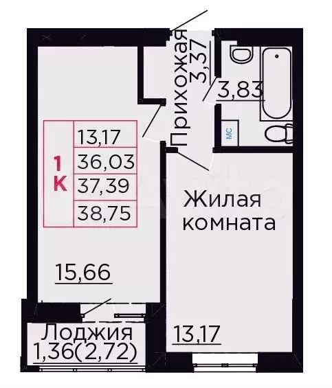 1-к. квартира, 37,4 м, 1/9 эт. - Фото 0
