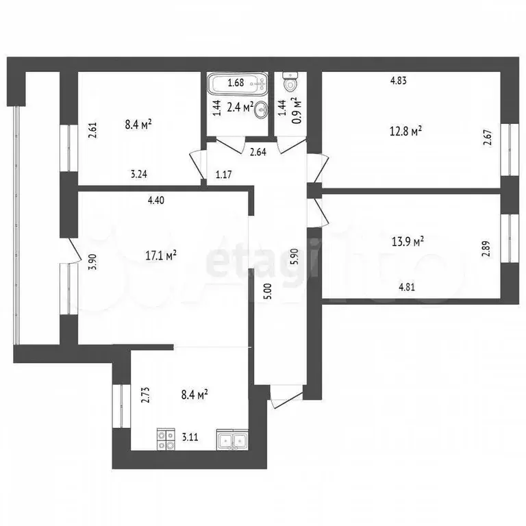 3-к. квартира, 74,4 м, 2/9 эт. - Фото 0