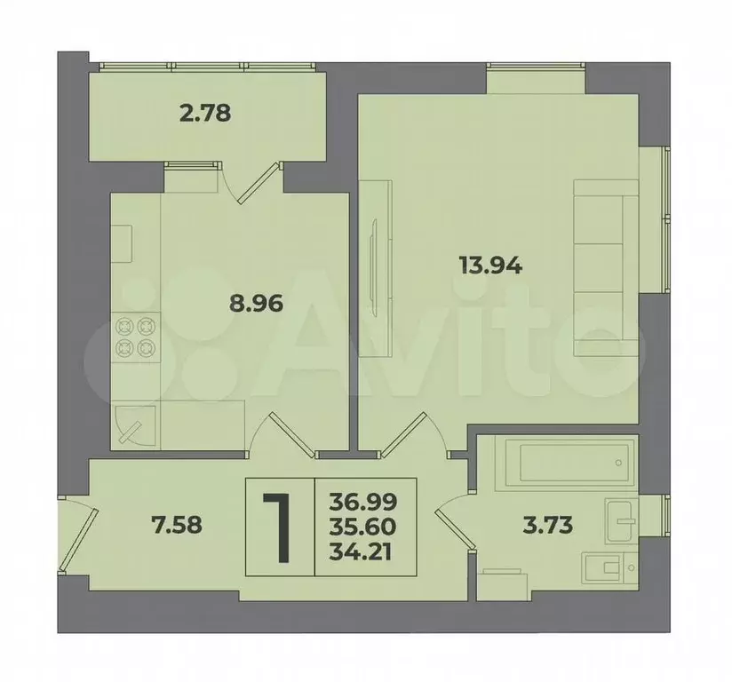 1-к. квартира, 35,6 м, 3/9 эт. - Фото 1