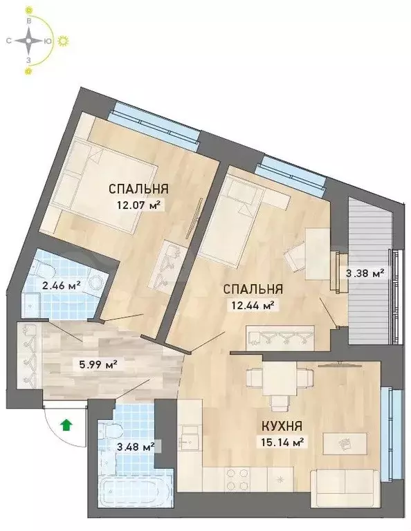 2-к. квартира, 55 м, 25/26 эт. - Фото 0