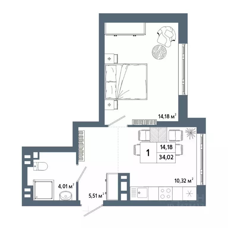 1-к кв. Башкортостан, Уфа 42-й кв-л,  (34.18 м) - Фото 1
