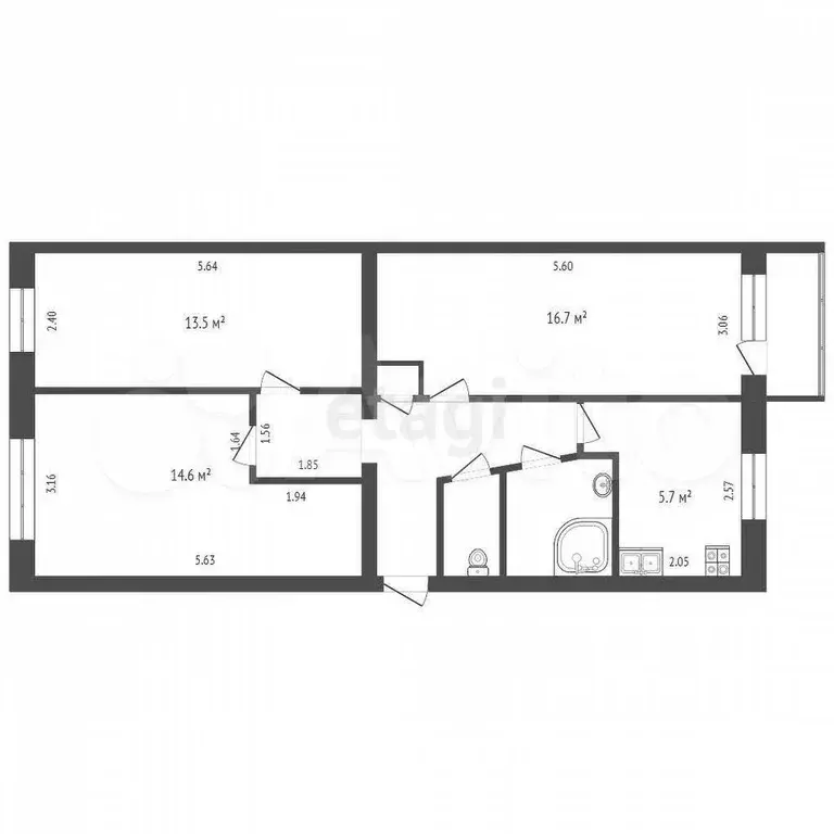 3-к. квартира, 61 м, 4/5 эт. - Фото 0