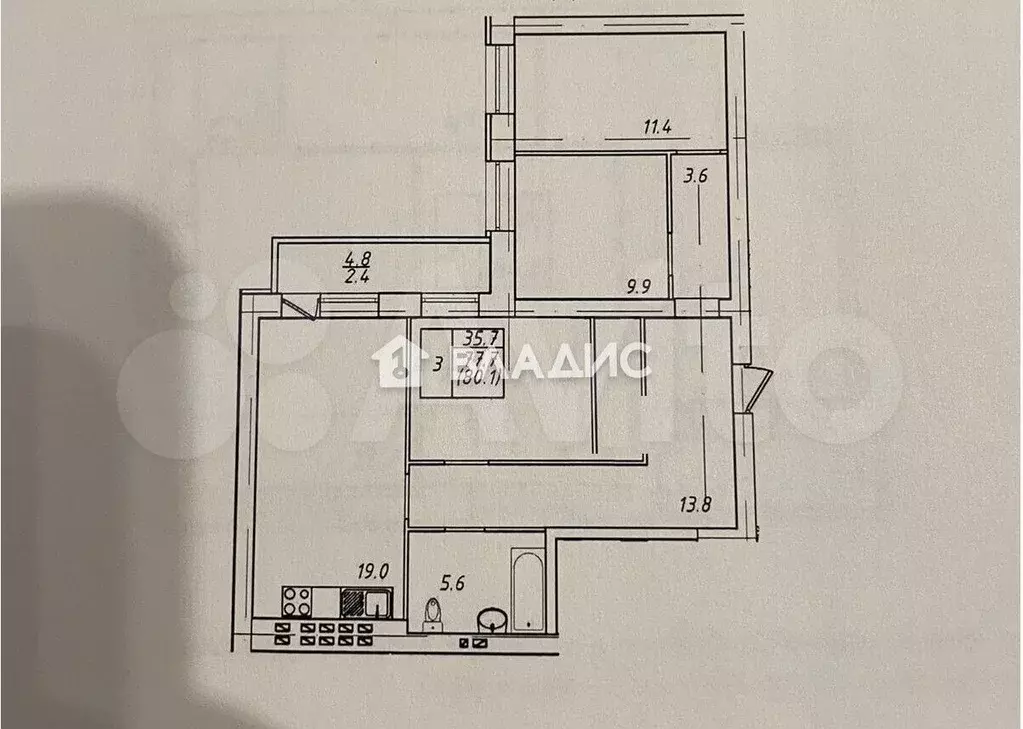3-к. квартира, 77,9 м, 3/3 эт. - Фото 0