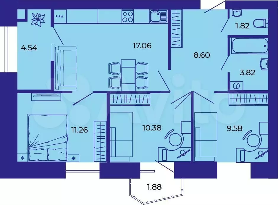 3-к. квартира, 68,9 м, 7/9 эт. - Фото 1